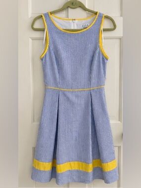ELLE Blue White Seersucker Striped Fit & Flare Dress Small